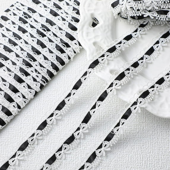 10 Yards Black Lace Ribbon White Bow Lace Trim Ruffle Sewing Scalloped Ribbon for Christmas, DIY Craft Making Scrapbooking Gift Wrapping Decorations
