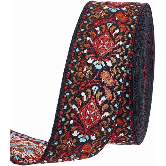 10 Yards Boho Jacquard Ribbon 1.57 Inch Wide Floral Embroidered Fabric Trim Ethnic Style Floral Ribbon FireBrick