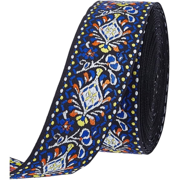 10 Yards Boho Jacquard Ribbon 1.57 Inch Wide Floral Embroidered Fabric Trim Ethnic Style Floral Ribbon Marine Blue