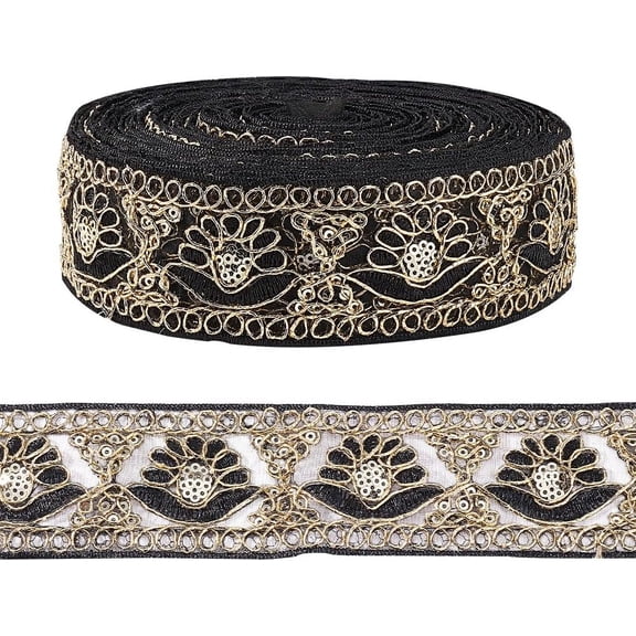 10 Yards Boho Organza Floral Embroidery Trim 1-3/4 inch Black Black
