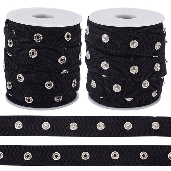 10 Yards Cotton Twill Tape Ribbons Herringbone Ribbons with Platinum Plated Snap Fastener Black 3/4 inch(20mm)