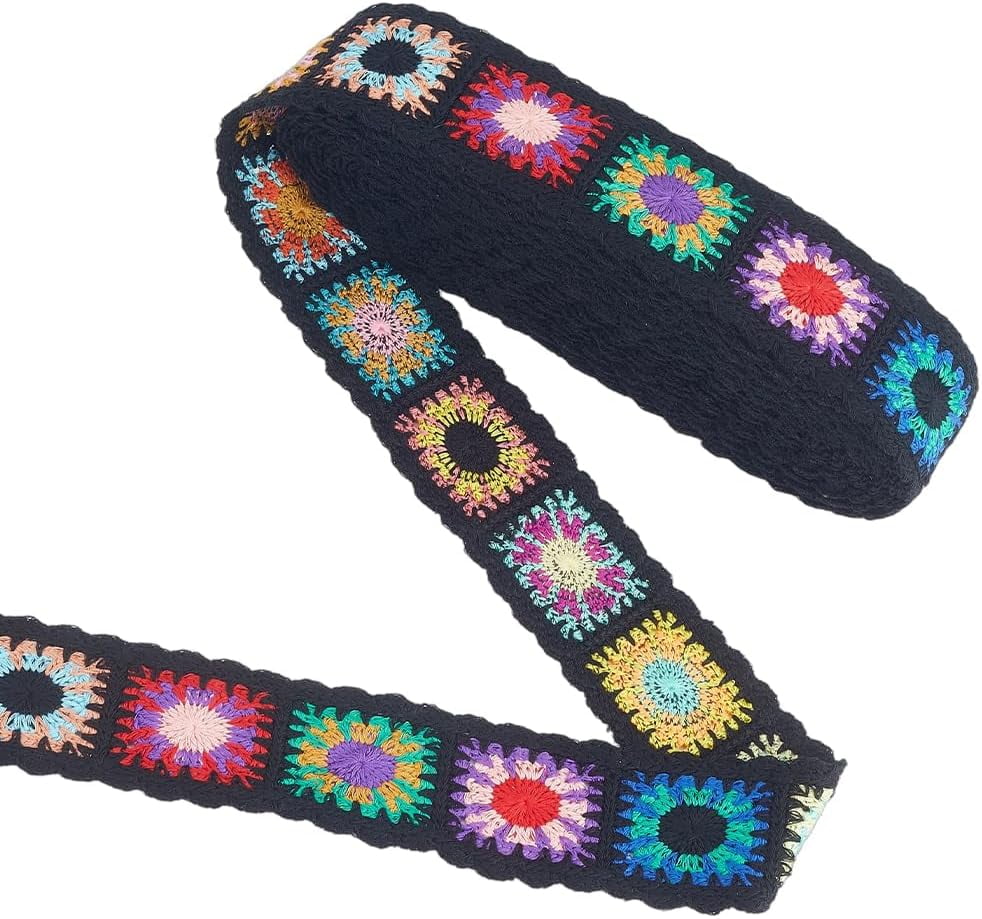 10 Yards Crochet Flower Webbing Strap 2 Inch Black Ethnic Style Webbing Ribbon Polyester Flower Pattern Woven Trim Jacquard Embroidery Webb Straps