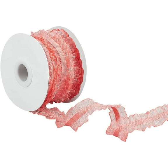 10 Yards Double Ruffle Lace Ribbon 3/4 inch Wide Cerise Color Nylon Elastic Trimmed Ruffled Trim Perfect