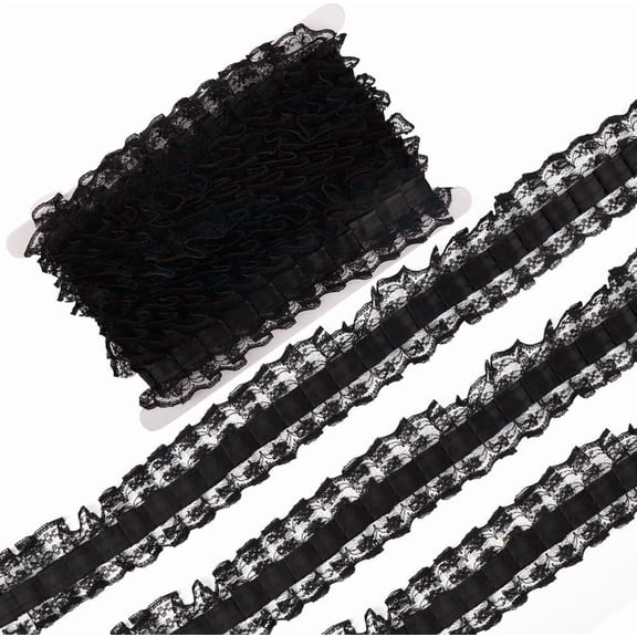 10 Yards Double Ruffle Lace Trim 1-3/4 Inch(46mm) Pleated Flower Lace Edge Ribbon Black Voile Gathered Edging Trimming Sewing Applique for DIY Crafts Wedding Costume Garment AccessoryBlack