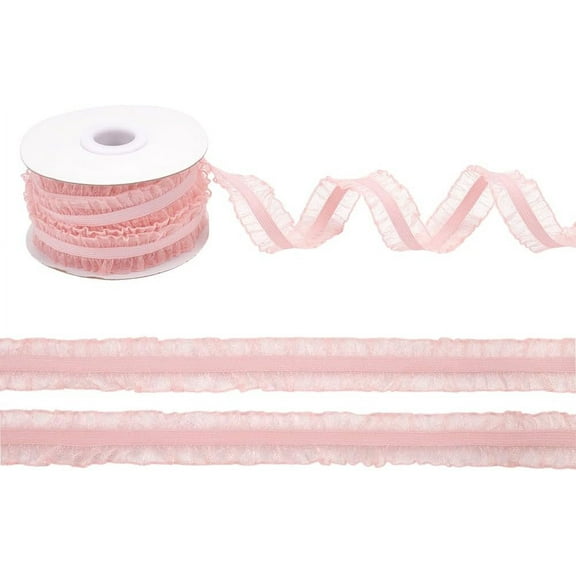 10 Yards Double Ruffle Lace Trim Pink 3/4 inch Wide Ruffle Stretch Elastic Edging Trim Pleated Fabric Lace Ribbon for DIY Dress Headwear Decoration and Gift Wrapping