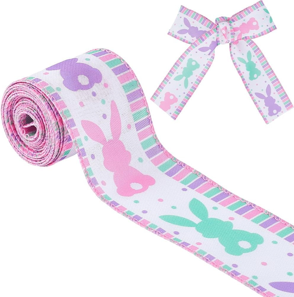 10 Yards Easter Theme Ribbon 2.5 Inch Bunny Wired Edge Ribbons Farmhouse Polyester Rabbit Dot Printed Decoration for Easter Wrapping Wreath Decor DIY Craft Hair Bows Baskets
