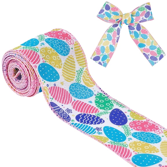 10 Yards Easter Theme Ribbon 2.5 Inch Egg Wired Edge Ribbons Farmhouse Flower Grass Dot Printed Decoration for Easter Wrapping