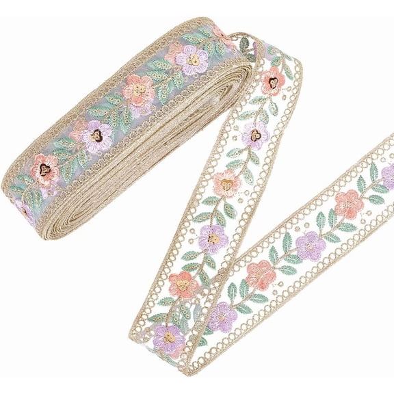 10 Yards Embroidered Jacquard Trim Tape Organza Floral Embroidery Ribbon Sequin Bead Boho Flower Woven Fabric Applique Ribbons Bulk for Sewing Craft Wedding Gift Wrapping Diy Clothes Curtain