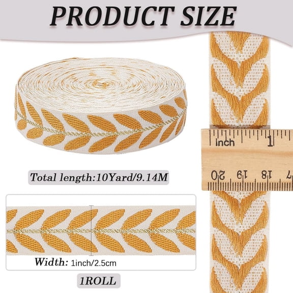 10 Yards Embroidered Yellow Ribbon White Polyester Jacquard Embroidery Ribbons Trim Tape Boho Leaf Pattern Woven Fabric Applique Trimming for Sewing Making Crafts Clothes DIY Wedding Decor