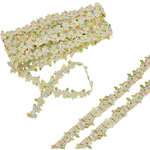 10 Yards Embroidery Flower Lace Trim Green Rose Edge Polyester Trimming Ribbon Embroidered Floral Applique Ribbons Bulk