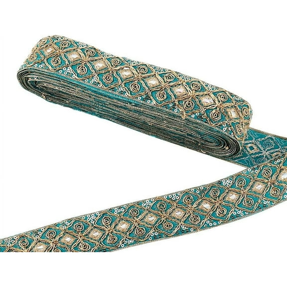 10 Yards Ethnic Jacquard Ribbon 1-3/4 inch Blue Emobridered Ribbon Flower Sequins Trim Ribbon Fabric Trim Fringe for Sewing Handmade Bag Strap Belt Making DIY Clothing Decoration