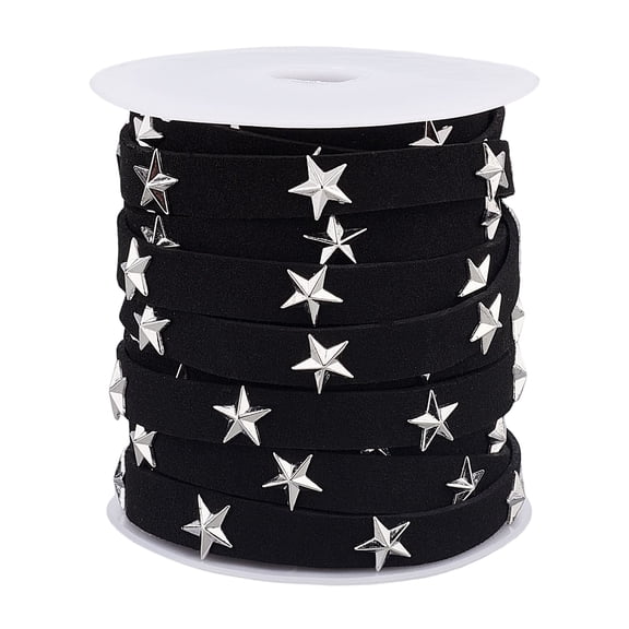 10 Yards Flat Suede Ribbon with Silver Tone Star Alloy Rivet with Plastic Empty Spools Black 10x0.5~4.5mm 9.144m