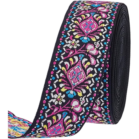 10 Yards Floral Embroidered Ribbon 1.57 Inch Wide Boho Jacquard Fabric Trim Ethnic Style Floral Ribbon Fuchsia