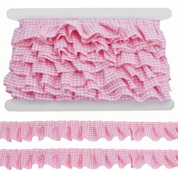 10 Yards Gingham Ruffle Trim Pink Pleated Trim 1-5/8 inch Gathered Lace Ribbon Ruffle Ribbon Trim Wavy Lace Edge Trim for Christmas DIY Craft Sewing Dress Clothing Applique
