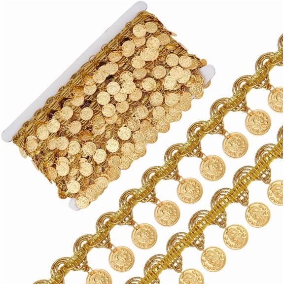 10 Yards Gold Coin Shape Sequin Tassel Trim 1.4 Inch Width Sequins Lace Tassel Fringe Trim Sequins Tassels Lace Ribbon Fringe Dance Dress Belt Chain for Clothes Decoration Party Accessories diy