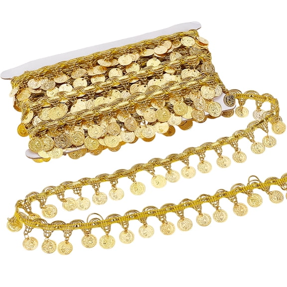 10 Yards Gold Coin Shape Sequin Tassel Trim 1.42 Inch Width Sequins Fringe Lace Trim Belly Dance Tassel Trim Hip Scarf DIY
