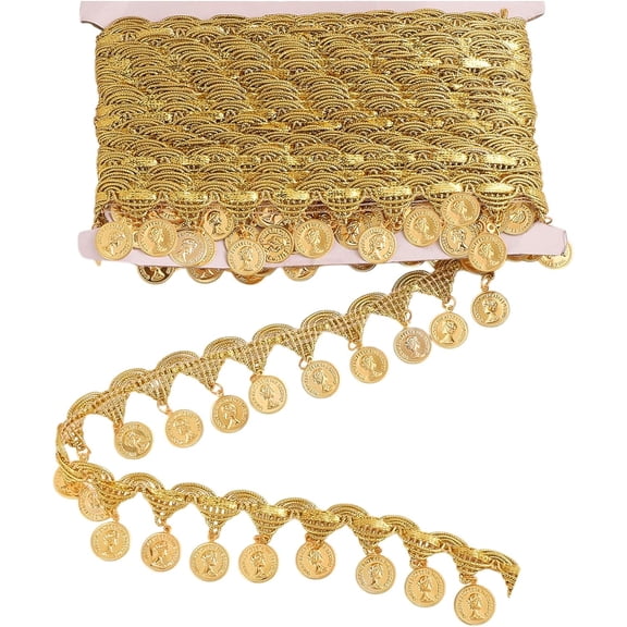 10 Yards Gold Coin Shape Sequins Lace Tassel Fringe Trim 1.54 Inch Width Fringe Lace Ribbon Dance Dress Belt Chain