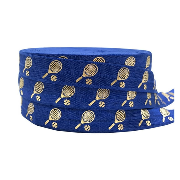 10 Yards Gold Foil Tennis Racket Blue Printed Fold Over Elastic Ribbon Webbing for DIY Headwear Accessory Gift Wrapping