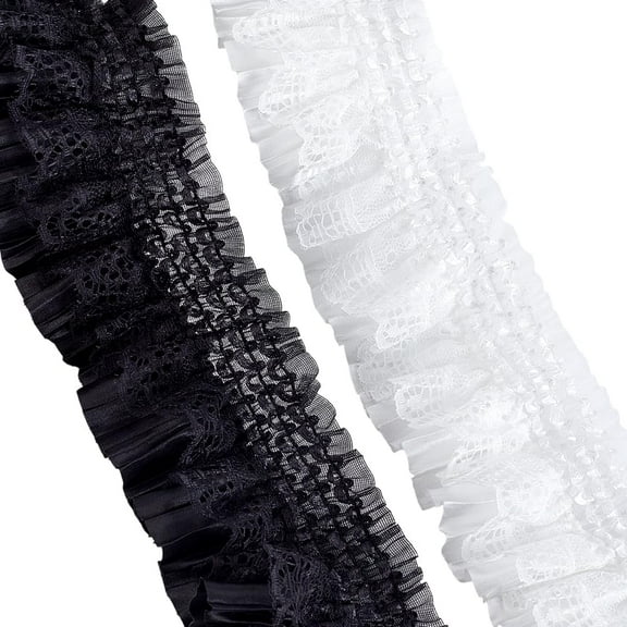 10 Yards Gorgeous Elastic Ruffle Trim 2-Layer Flower Pleated Lace Ribbon 3 inch Wide Stretchy Edge for Sewing DIY Extend Dress Cuff Blouse Fabric Triming (Black White)