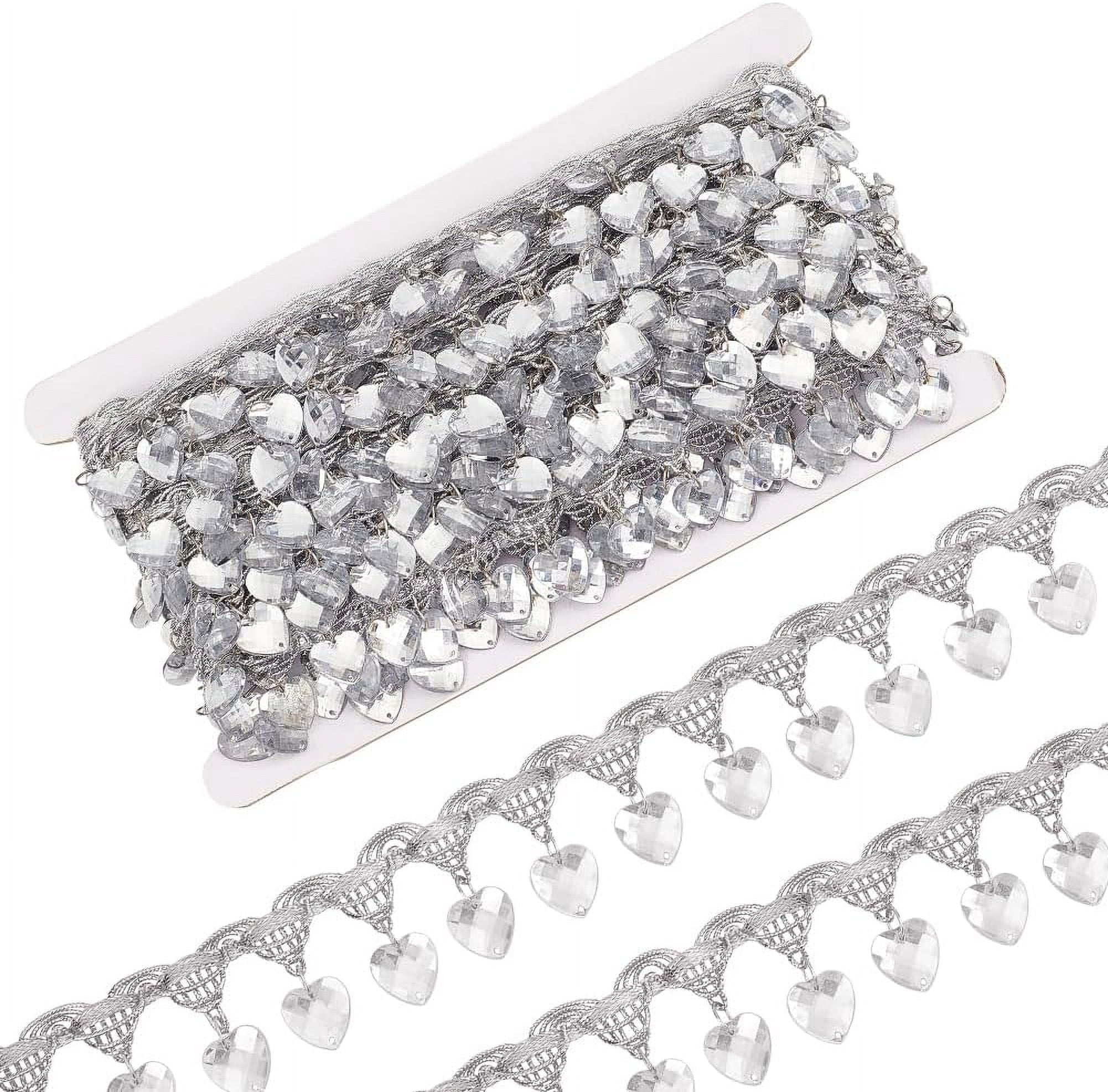 10 Yards Hanging Bead Fringe Lace 1-3/8 inch Wide Silver Metallic Tassel Heart Bead Pendant Ribbon Polyester Fringe Lace Ribbon with Tassel DIY