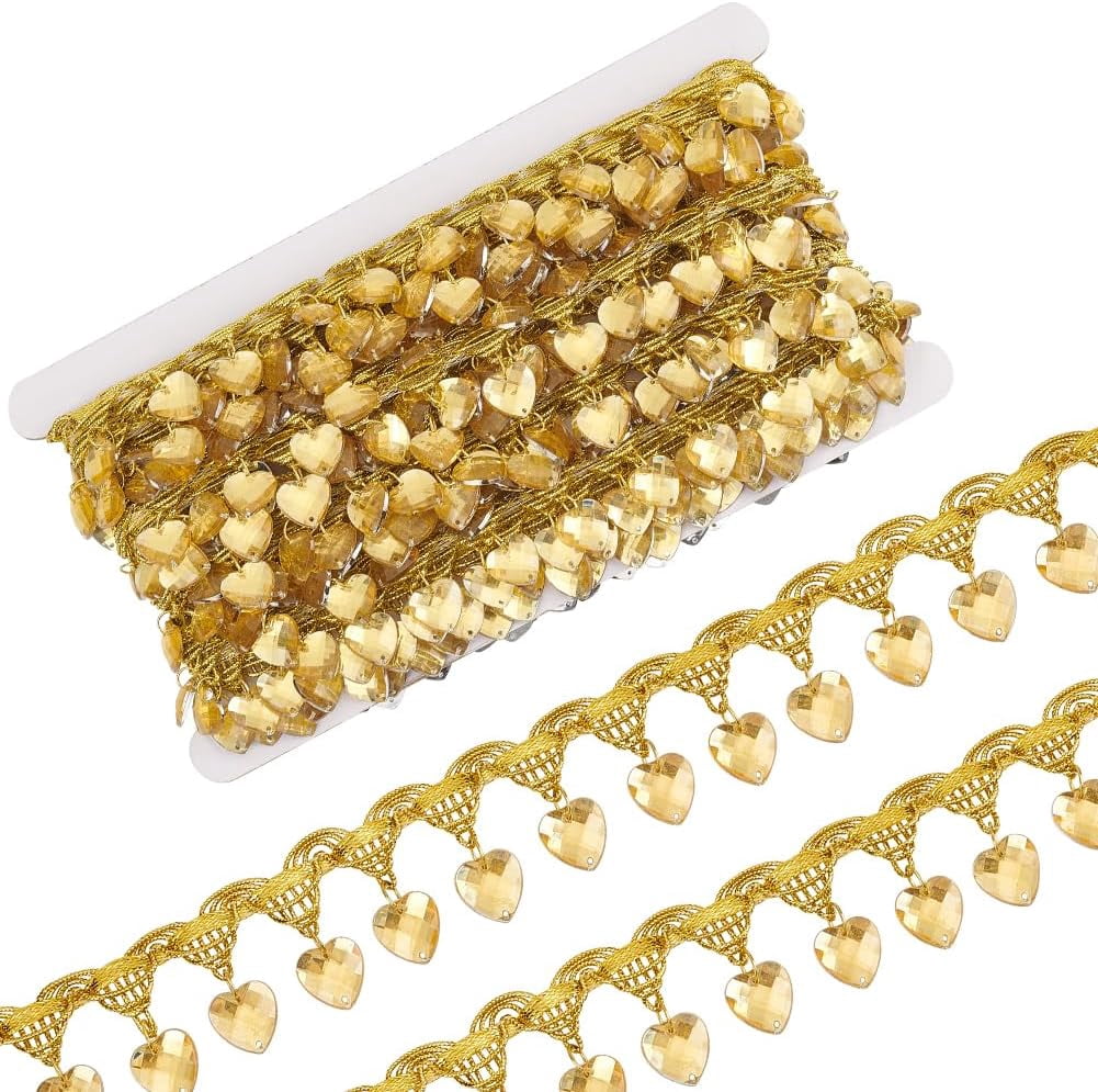 10 Yards Hanging Beads Fringe Lace 1-3/8 inch Wide Polyester Lace Ribbon with Champagne Yellow Bead Tassel Gold Metallic Braid Hanging Heart Beads Crafts