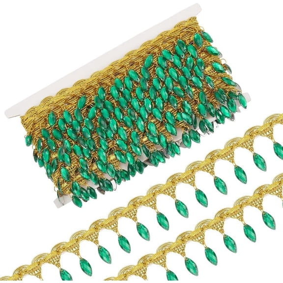 10 Yards Hanging Beads Fringe Lace 1-5/8 inch Wide Green Horse Eye Shiny Fringe Sewing Trim Polyester Gold Metallic Braid Ribbon with Beads for DIY Clothing Curtain Decoration Green