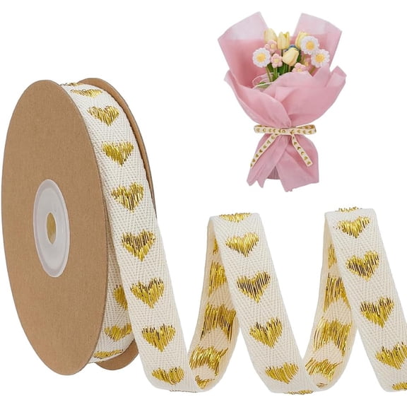 10 Yards Heart Cotton Ribbon 5/8 inch Wide Stitched Cotton Ribbon with Goldenrod Heart Pattern for Gift Wrapping Handmade Crafts Birthday Wedding Party Decoration Sewing Accessories