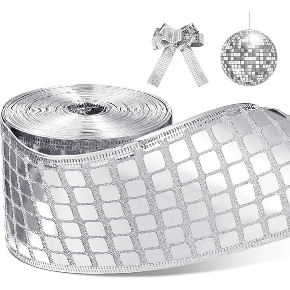10 Yards Homecoming Mum Supply Disco Silver Ribbon 2.5 Inch Christmas Glitter Wired Ribbon Sparkly Metallic Square Sequin Sewing Trim for Gift Wrapping DIY Craft Christmas Tree Decor(1 Rolls)