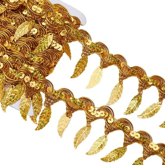 10 Yards Metallic Round Coin Shape Sequin Leaf Tassel Trim Gold Centipede Fringe Lace Ribbon for Wedding Party Dance Dress Sewing Garments Belt Halt Decoration Crafts Gold
