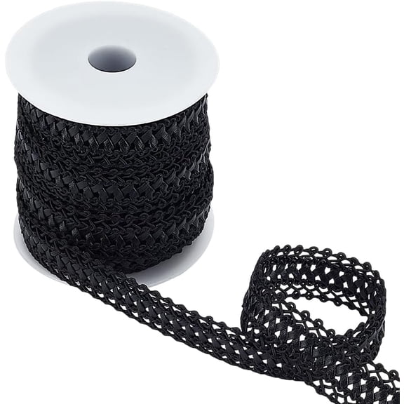 10 Yards PU Imitation Leather Braid Ribbon 3/4 inch Wide Black PU Leather Ribbon with Plastic Spools Leather Braid Trims Flat Braid Strap Trim for Dress Curtain Decor Black