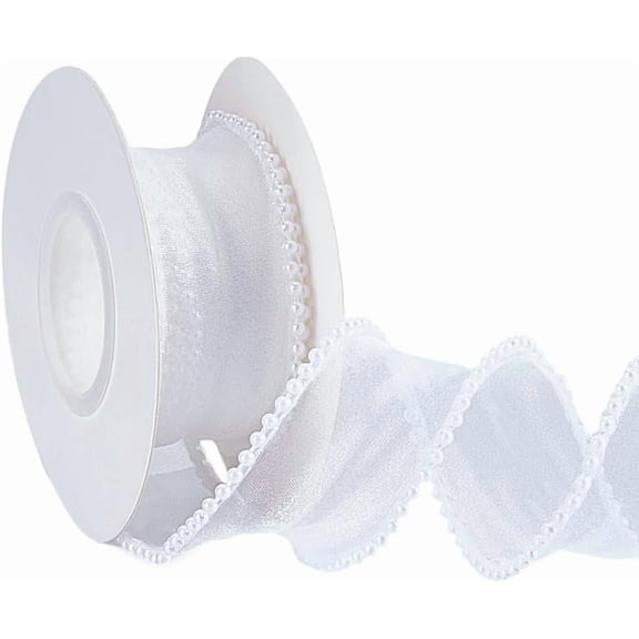 10 Yards Pearl Ribbon 1-5/8Inch White Pearl Beads Ribbon Polyester Organza Lace Fishtail Sheer Transparent Bundle Rolls
