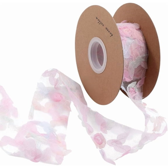 10 Yards Pink 3D Floral Ribbon 2 Wide Polyester Flower Mesh Lace Trim Spring Pastel Tulle Netting Ribbons Bulk with Spool for Sewing Making Crafts Dresses Clothes Home Decor Wreaths Supply Pink DIY