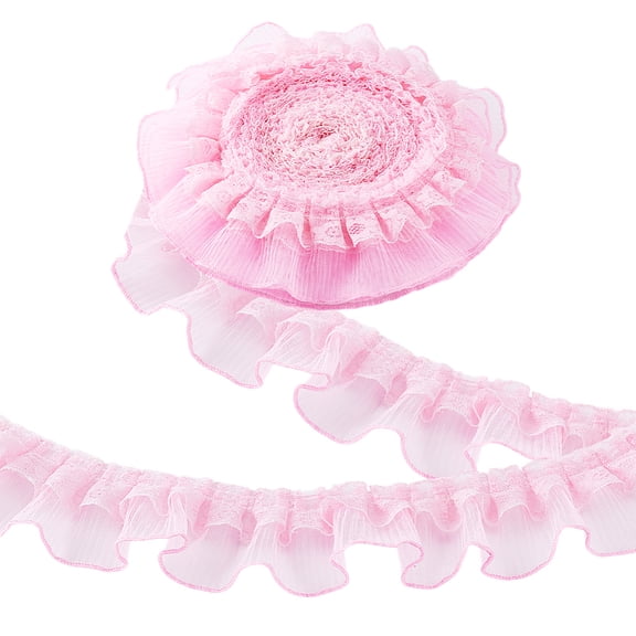 10 Yards Pink Ruffle Lace Ribbon Trim Pleated Lace Fabric Trim Double Layer Gathered Ruffle Trim Embroidered Sewing 2.4inch Wide