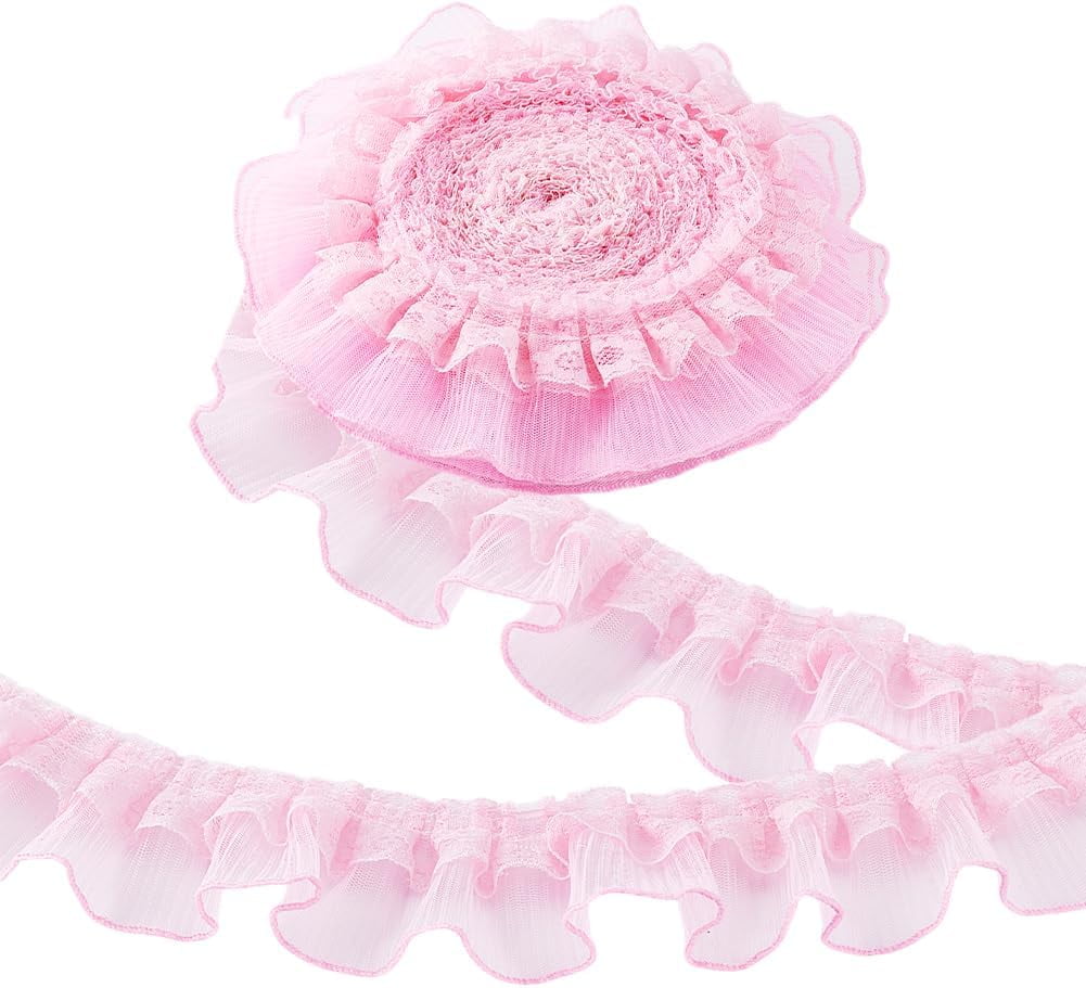 10 Yards Pink Ruffle Lace Ribbon Trim Pleated Lace Fabric Trim Double ...
