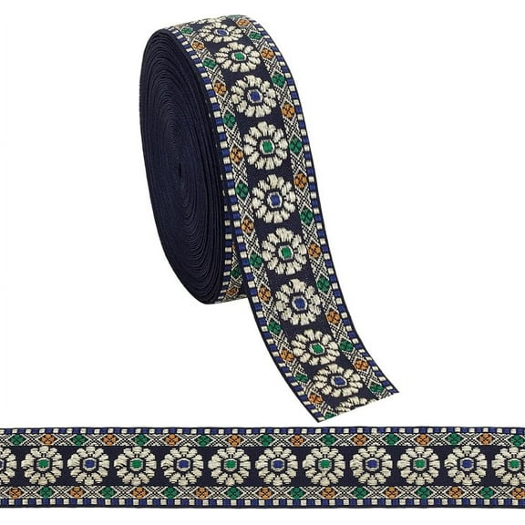 10 Yards Polyester Flower Jacquard Ribbon Clothes Accessories Prussian Blue 1-1/4 inch(32mm)