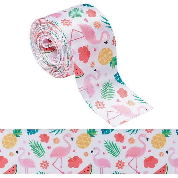 10 Yards Printed Polyester Ribbon Wired Edge Flamingo Pineapple Pattern Ribbons Spring Summer Fabric Craft Decorative Ribbon for DIY Crafts Gift Wrapping Party Decor Hair Bow Sewing