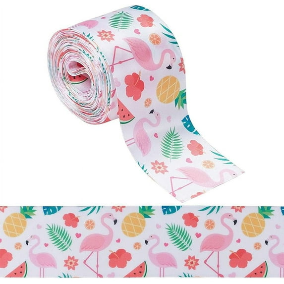 10 Yards Printed Polyester Ribbon Wired Edge Flamingo Pineapple Pattern Ribbons Spring Summer Fabric Craft Decorative Ribbon for DIY Crafts Gift Wrapping Party Decor Hair Bow Sewing