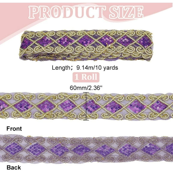 10 Yards Purple Sequin Lace Trim 2.36" Embroidery Lace Trim Gold Lace Mesh Ribbon Sewing Supplies Crafts with Paillettes for Mardi Gras Crafts Embellishments Clothes Curtain
