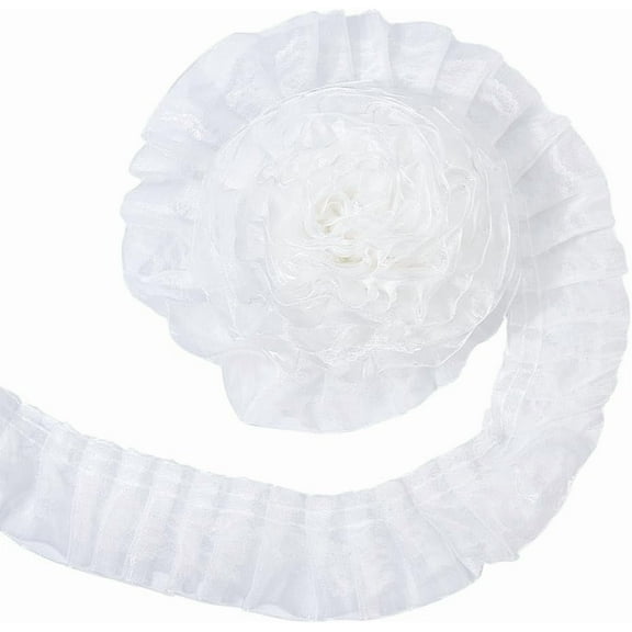 10 Yards Ruffle Ribbon 1.89 Inch Pleated Elastic Lace Ruffle Trim Double Layer Pleated Chiffon Elastic Trimming White for Sewing Wedding Bridal Dress Decor