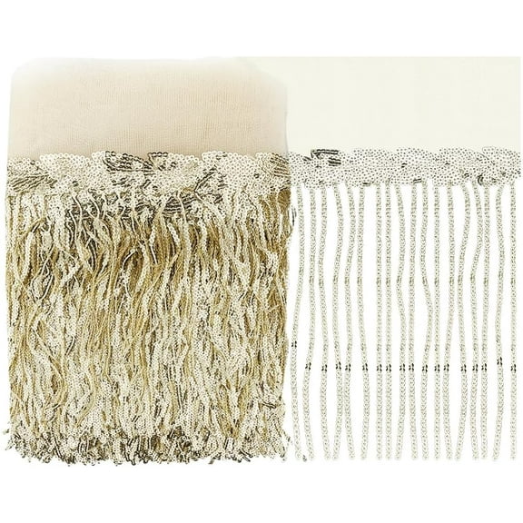 10 Yards Sequin Sewing Fringe Trim 9.8Inch Wide Sequins Lace Tassel Fringe Trim Dance Costume Fringe Trim Ribbon for Clothes Garment Accessories Latin Wedding Dress Decoration Light Gold