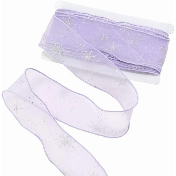10 Yards Sheer Purple Ribbon Organza Winter Snowflake Double Faced Lavender Glitter Bridal Pattern Printed Wired Trim Christmas Ribbons for Bowknot Making Gift Wrapping Crafts Supply Decors