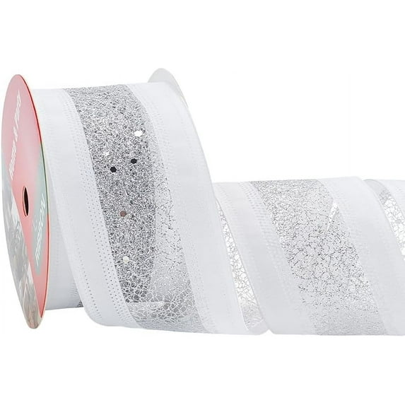 10 Yards Silver Wired Ribbon 2-5/8" Sparkling Glitter Mesh Ribbon White Satin Ribbon with Silver Glitter Mesh Hot Stamping Mesh Ribbon Metallic Web Sequins Decor Gift Wrapping Ribbon diy