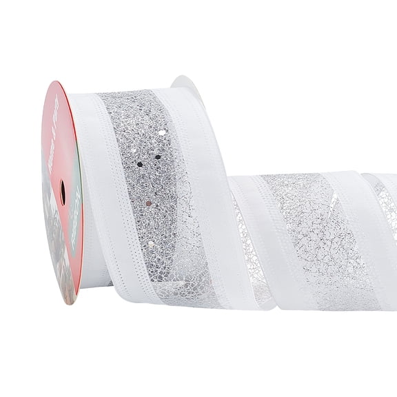 10 Yards Silver Wired Ribbon 2-5/8" Sparkling Glitter Mesh Ribbon White Satin Ribbon with Silver Glitter Mesh Hot Stamping Mesh Ribbon