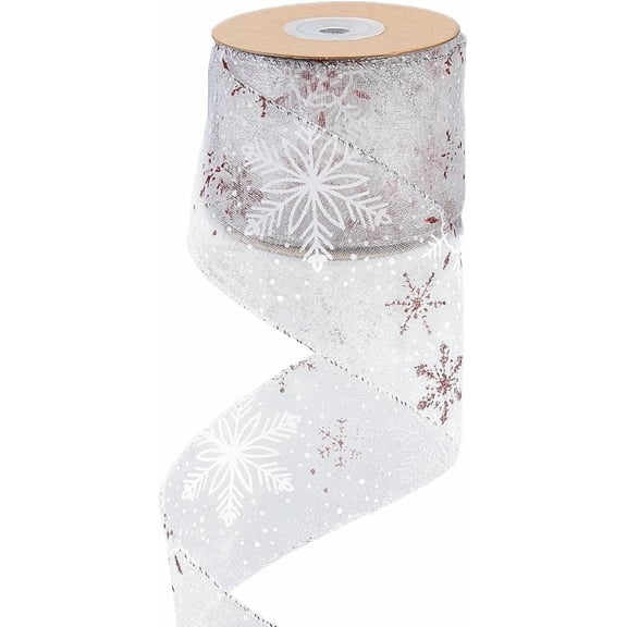10 Yards Snowflake Wired Ribbon 2.44 Inch Wide Polyester Mesh Holiday Christmas Xmas Tree Decoration Embroidered Applique Lace Trim Roll