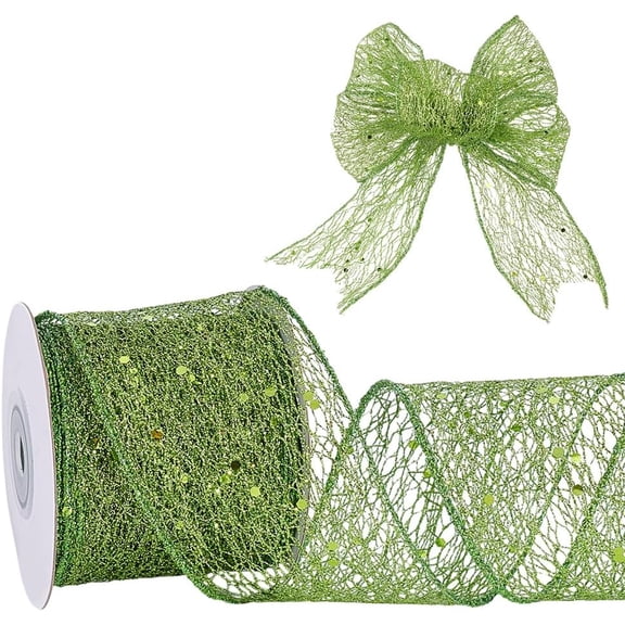 10 Yards Sparkling Glitter Mesh Ribbon 2.48 Inch Wide Christmas Wired Edge Ribbon Sparkling Fabric Ribbon Lime Green