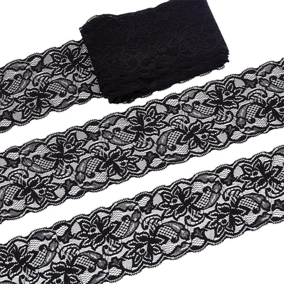 10 Yards Stretchy Lace Trim 3-1/8 Inch Wide Floral Stretchy Lace Fabric Elastic Lace Ribbon Trim Black Flower Ribbon for Bridal Wedding Decorations Sewing DIY Crafts