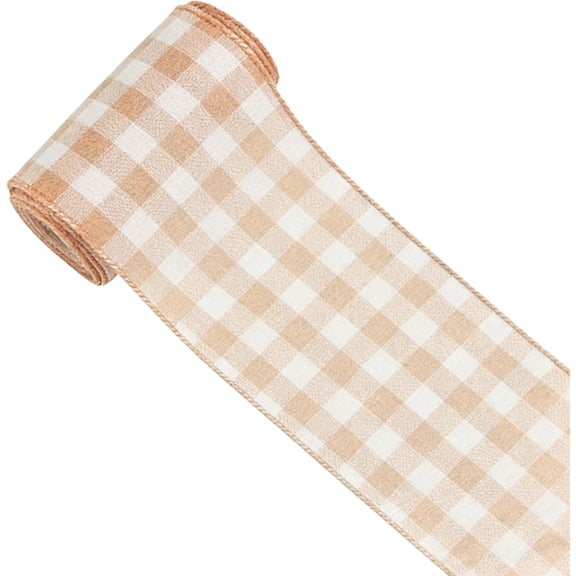 10 Yards Tan and White Buffalo Plaid Burlap Ribbon,4 Inch Width Farmhouse Wired Ribbongs for Sewing, Crafting, Decoration, DIY Projects