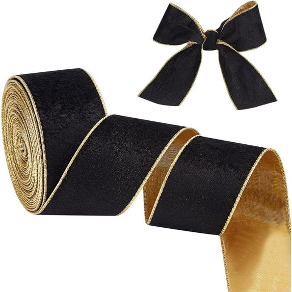10 Yards Velvet Wired Ribbon 2.5 Inch Black Gold Soft Velvet Ribbon Wired Black Flat Cotton Ribbons with Gold Backing