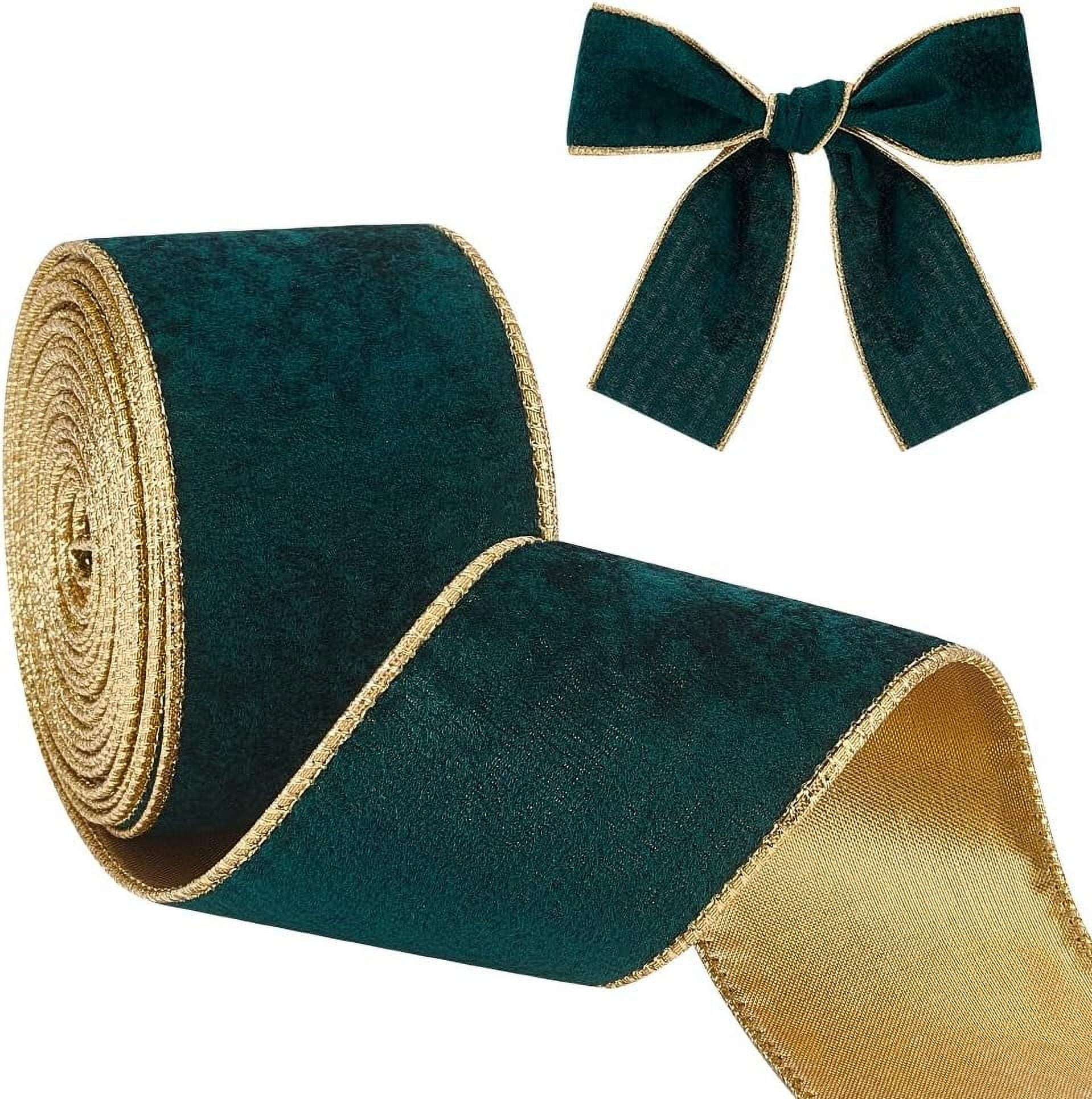 10 Yards Velvet Wired Ribbon 2.5 Inch Dark Green and Gold Velvet Ribbon ...