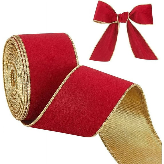 10 Yards Velvet Wired Ribbon 2.5 Inch Dark Red and Gold Velvet Ribbon for Gift Wrapping Vintage Wide Wired Edge Ribbon
